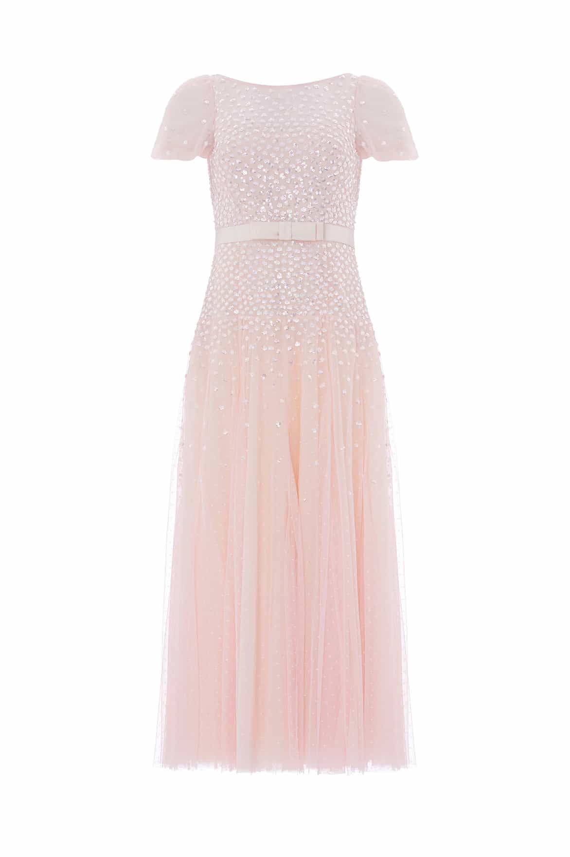 Sequin cascade bow short sleeve gown