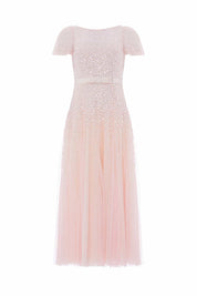 Sequin cascade bow short sleeve gown