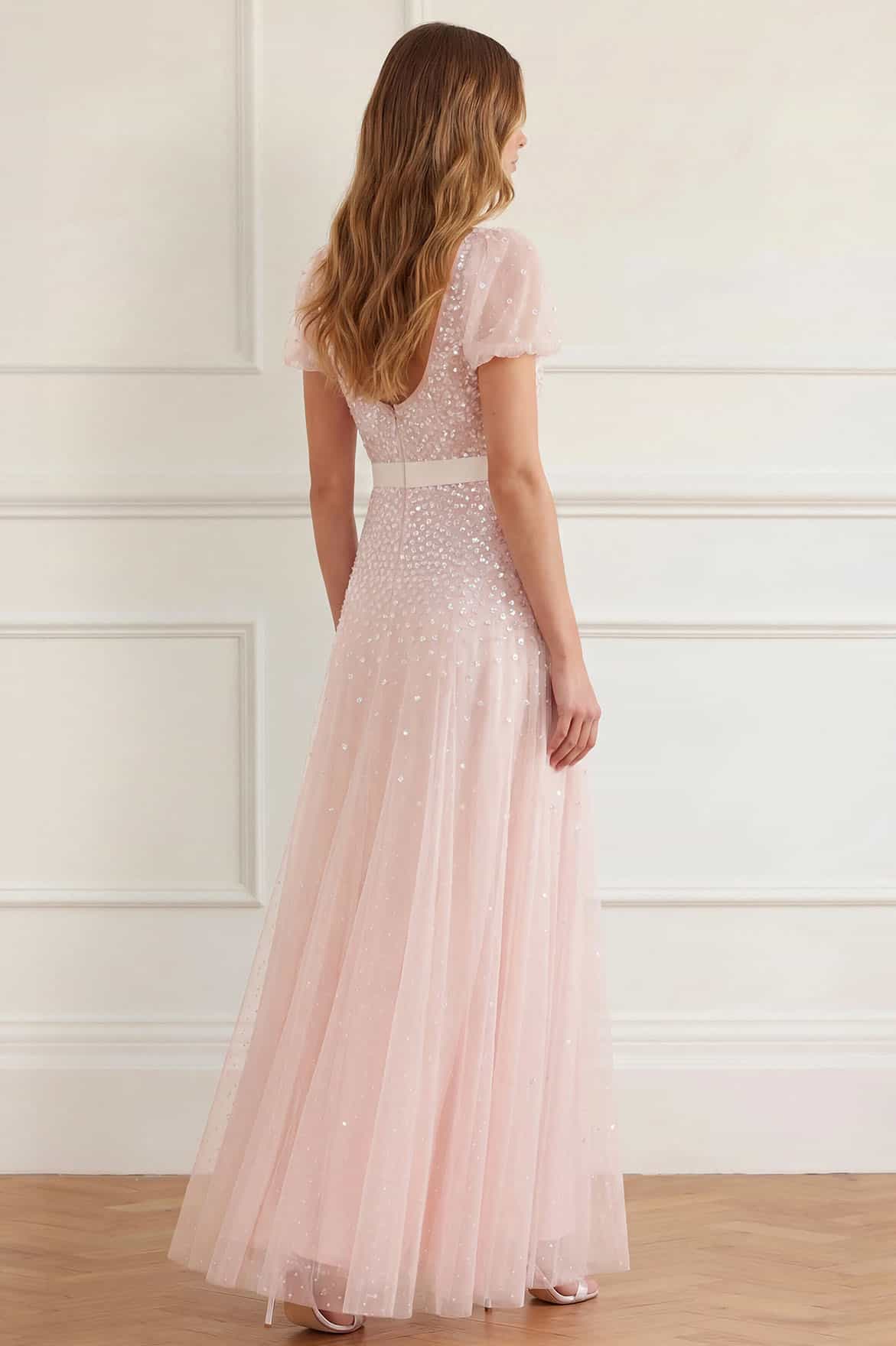 Sequin cascade bow short sleeve gown