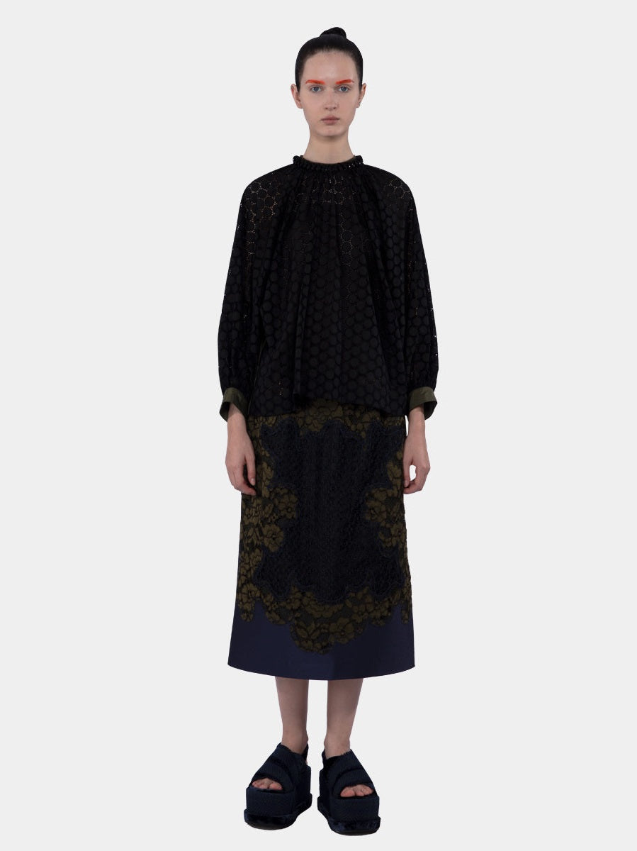 Sharma mix cotton eyelet and nylon gathered neckline blouse