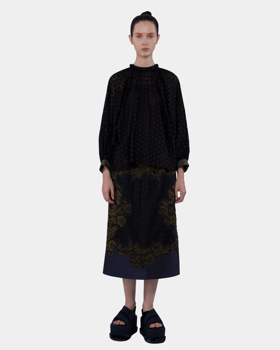 SHARMA MIX COTTON EYELET AND NYLON GATHERED NECKLINE BLOUSE