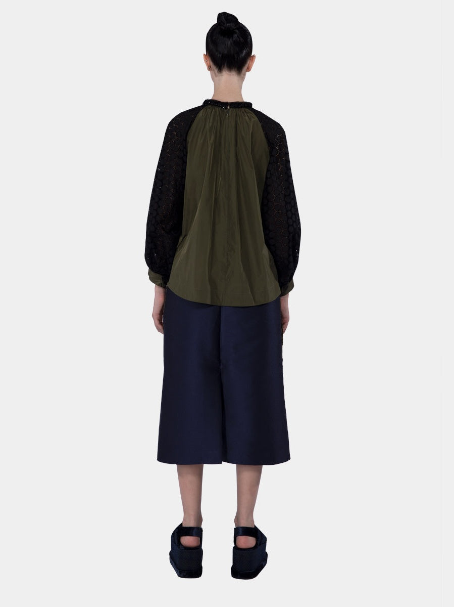 Sharma mix cotton eyelet and nylon gathered neckline blouse