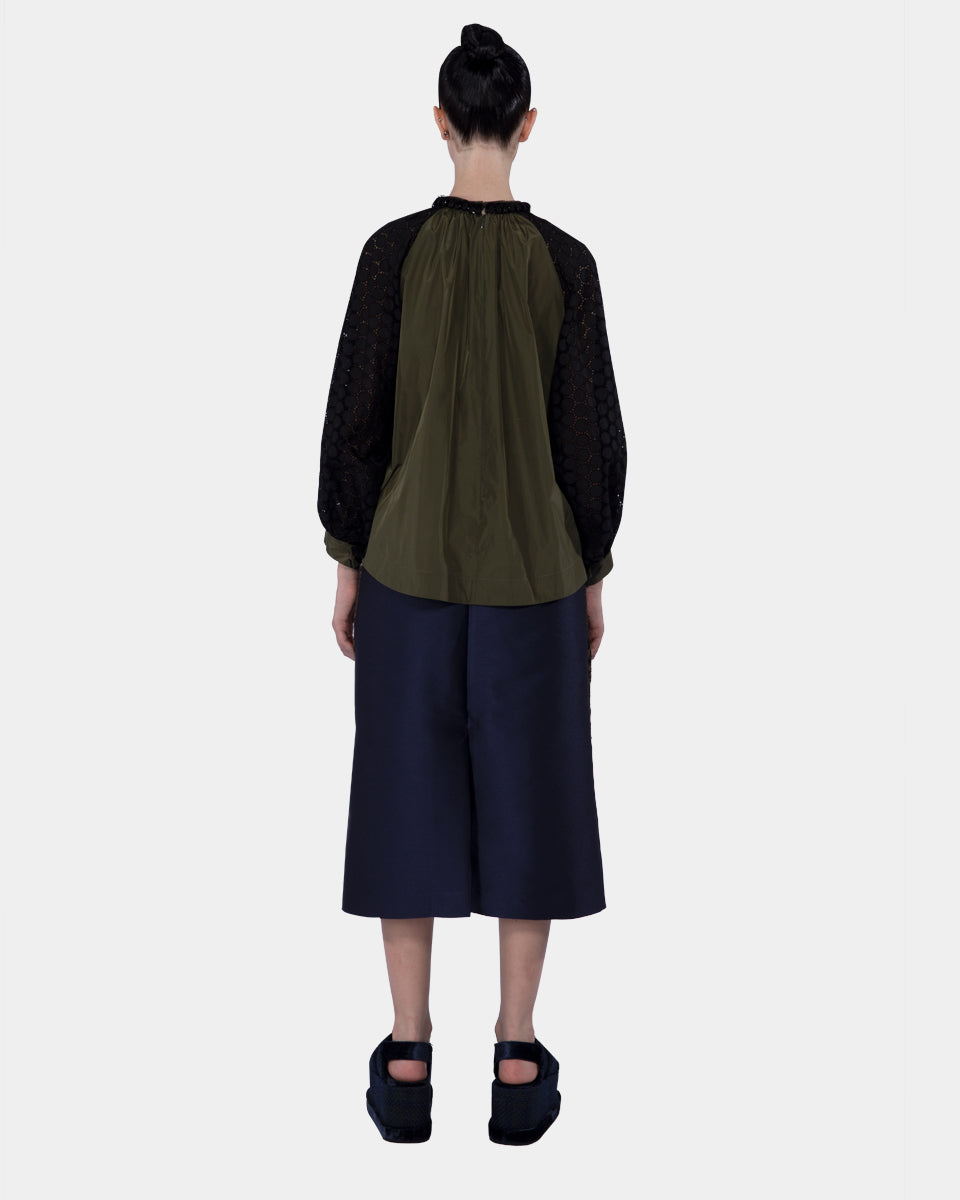 SHARMA MIX COTTON EYELET AND NYLON GATHERED NECKLINE BLOUSE