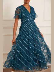Spiral sequin v-neck ankle ankle gown
