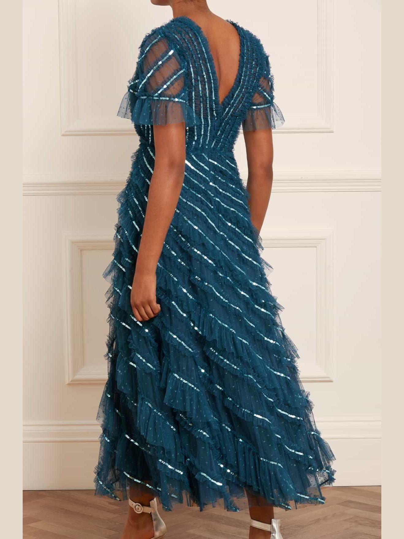 Spiral sequin v-neck ankle ankle gown