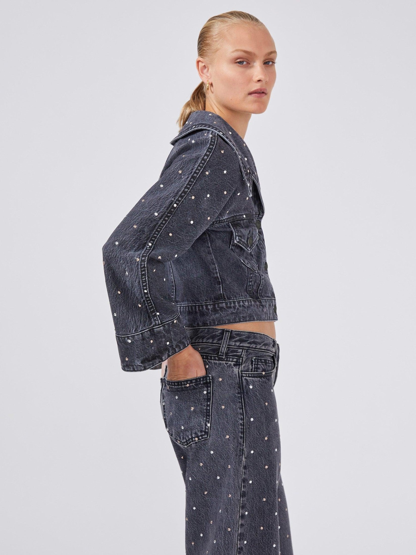 Studded denim jacket acid wash black