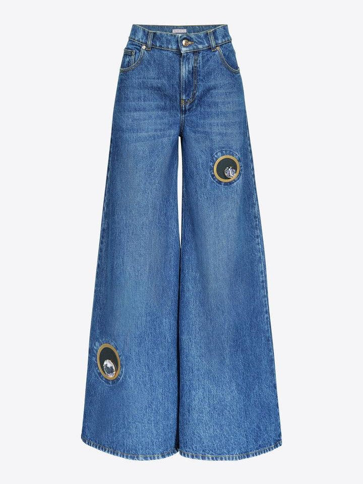 Crystal eyelet wide leg jean