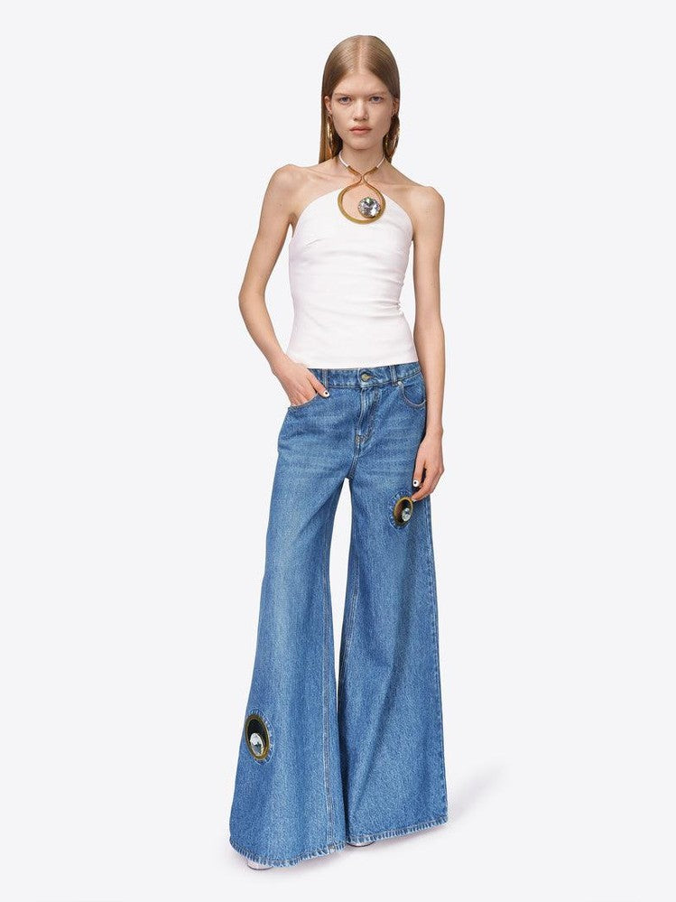 Crystal eyelet wide leg jean