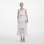 WHITE EMBELLISHED TULLE TIERED MIDI DRESS