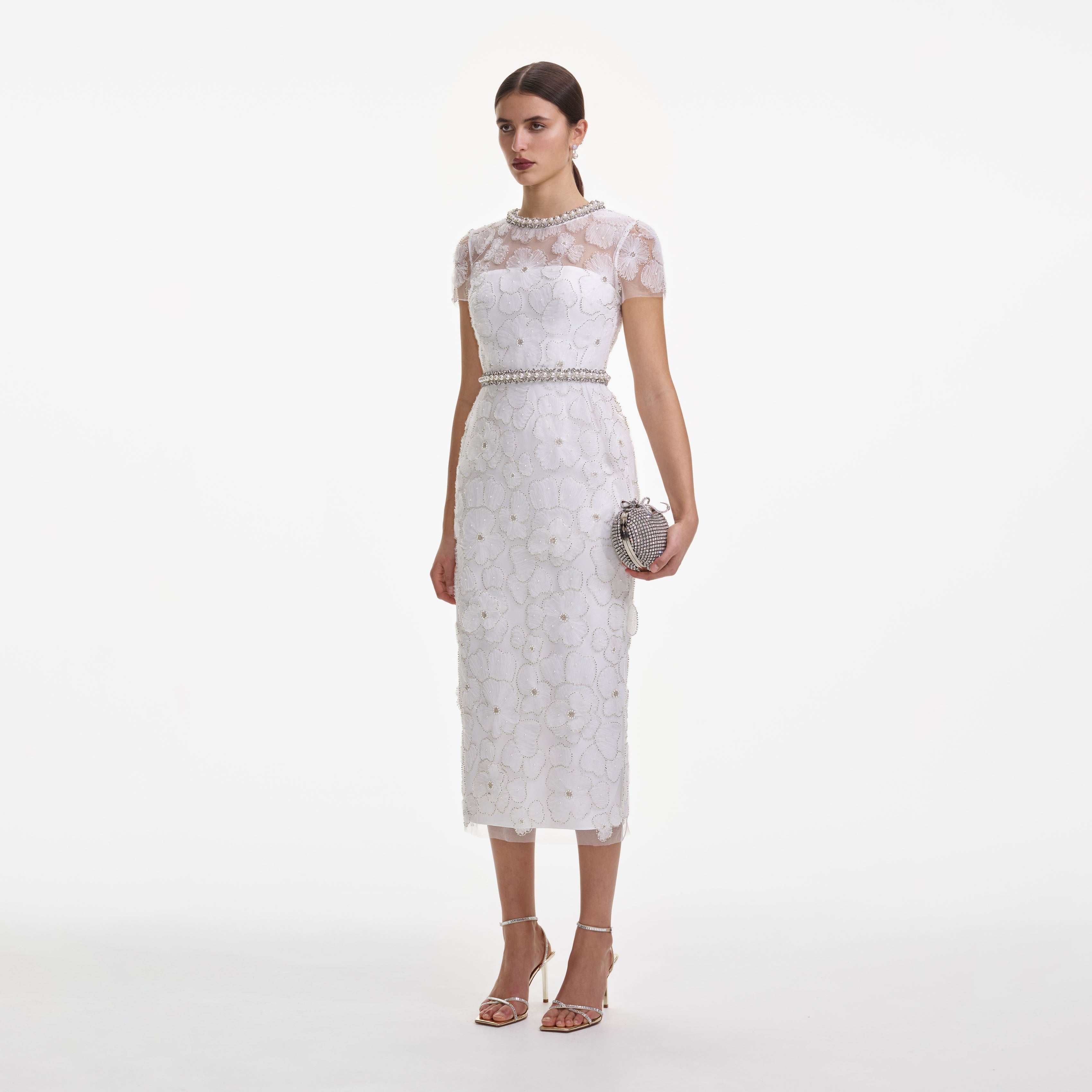 White Embellished Tulle Midi Dress