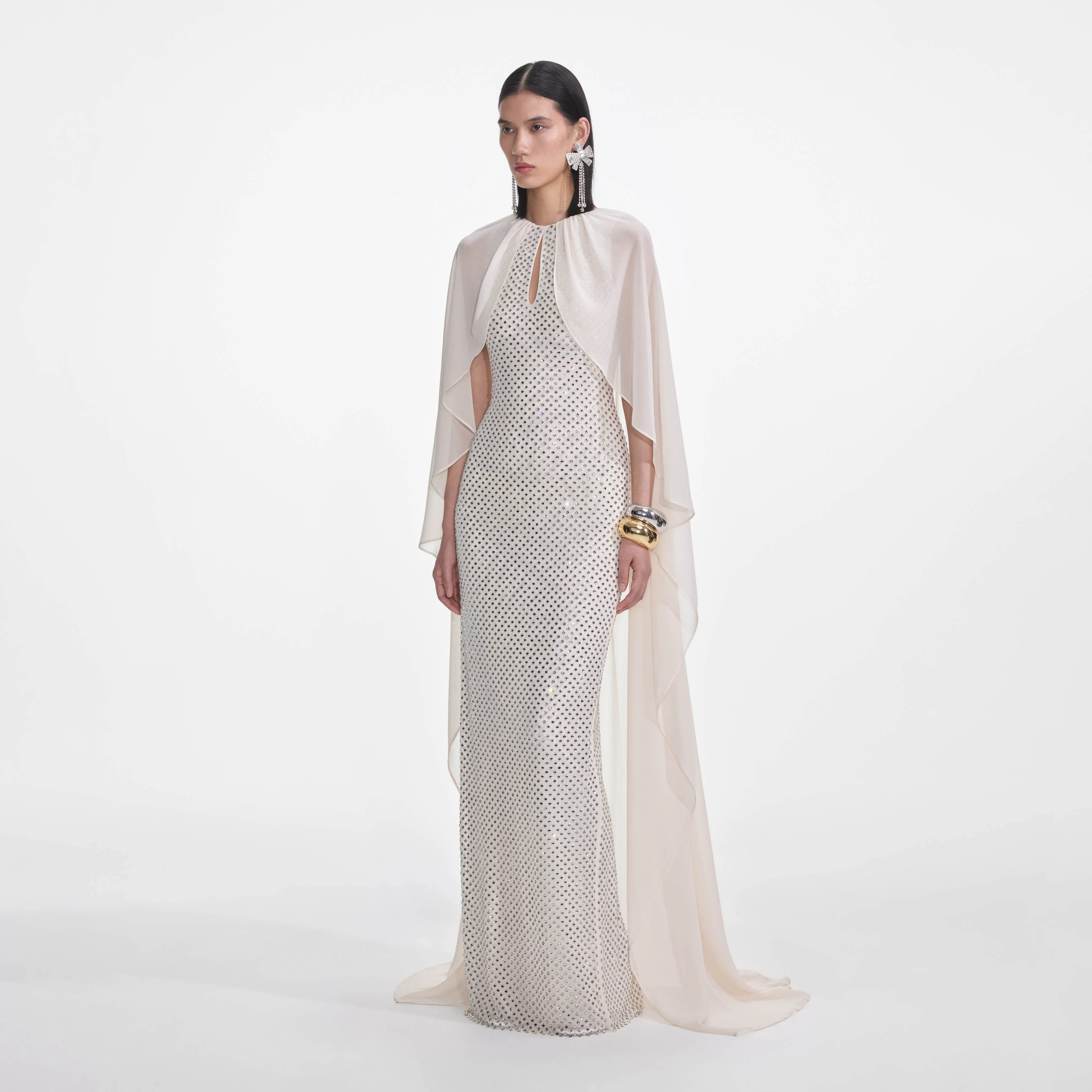 CREAM RHINESTONE CAPE MAXI DRESS