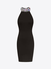 Crystal gemstone cluster halter mini dress