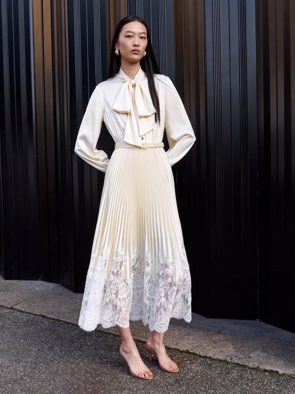 Yellow satin lace midi dress