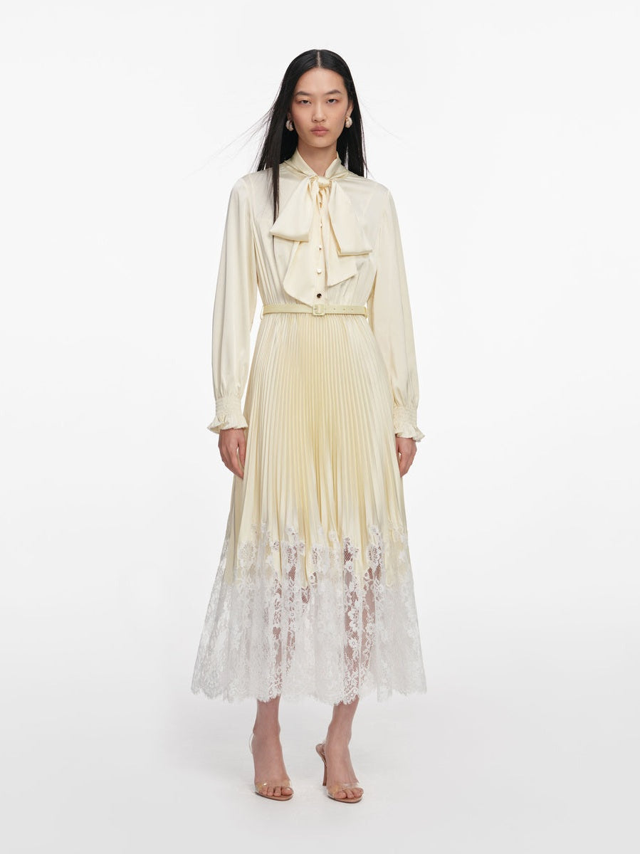 Yellow satin lace midi dress