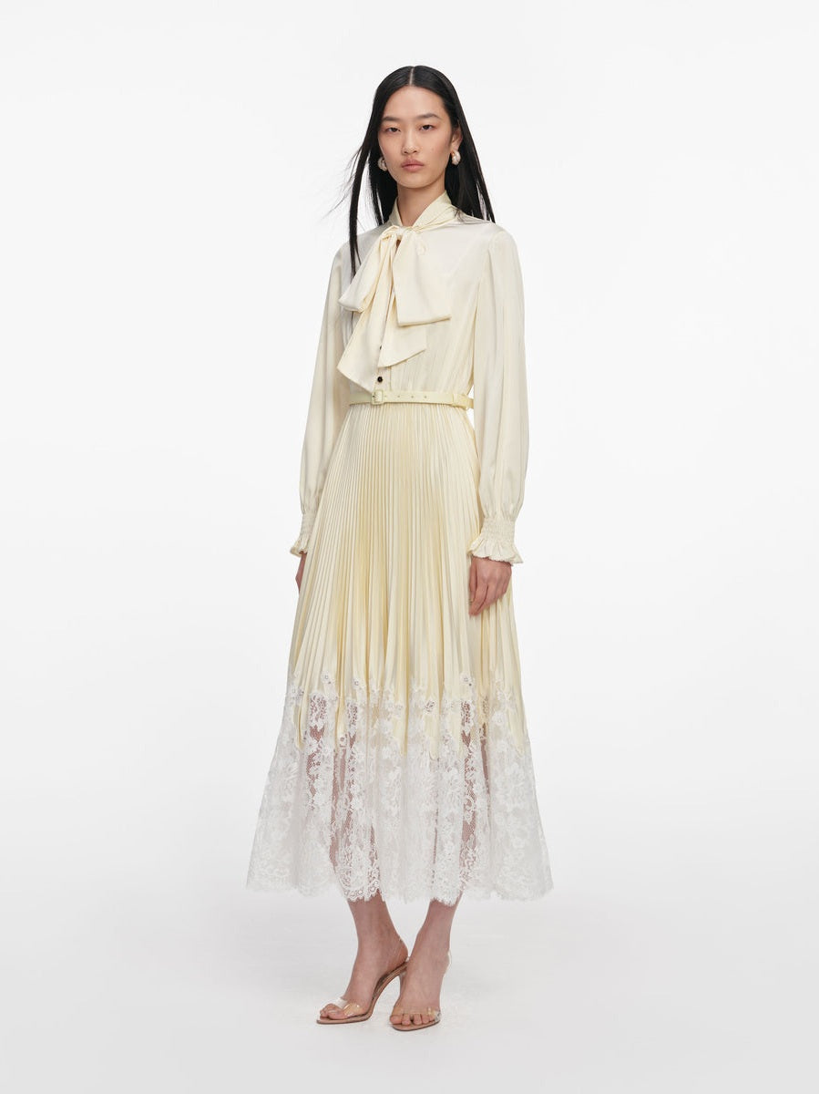 Yellow satin lace midi dress