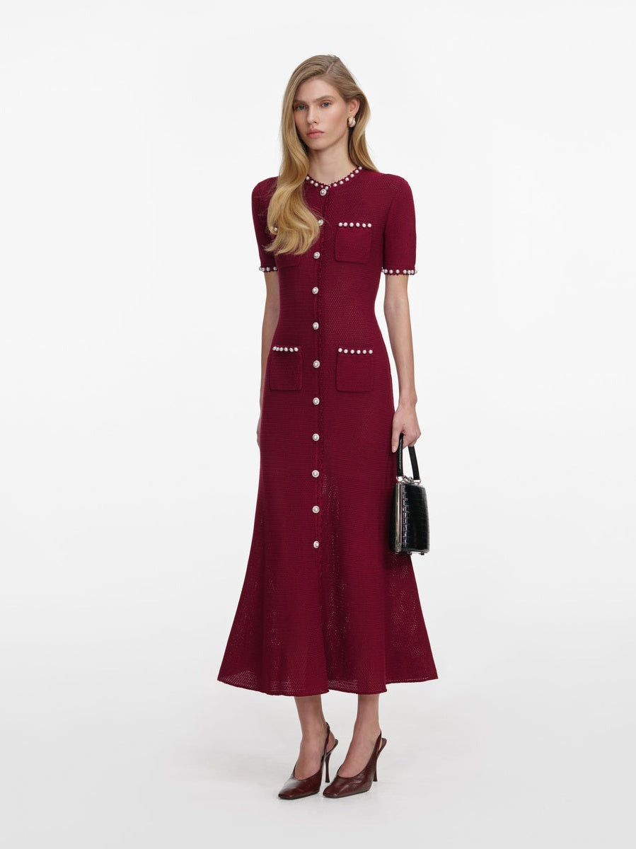 Burgundy pearl knit midi dress
