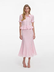 Pink pointelle peplum knit midi dress