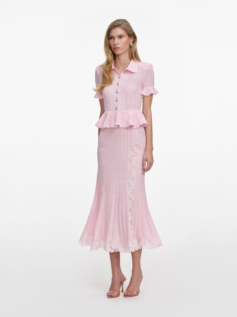 Pink pointelle peplum knit midi dress