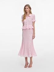 Pink pointelle peplum knit midi dress