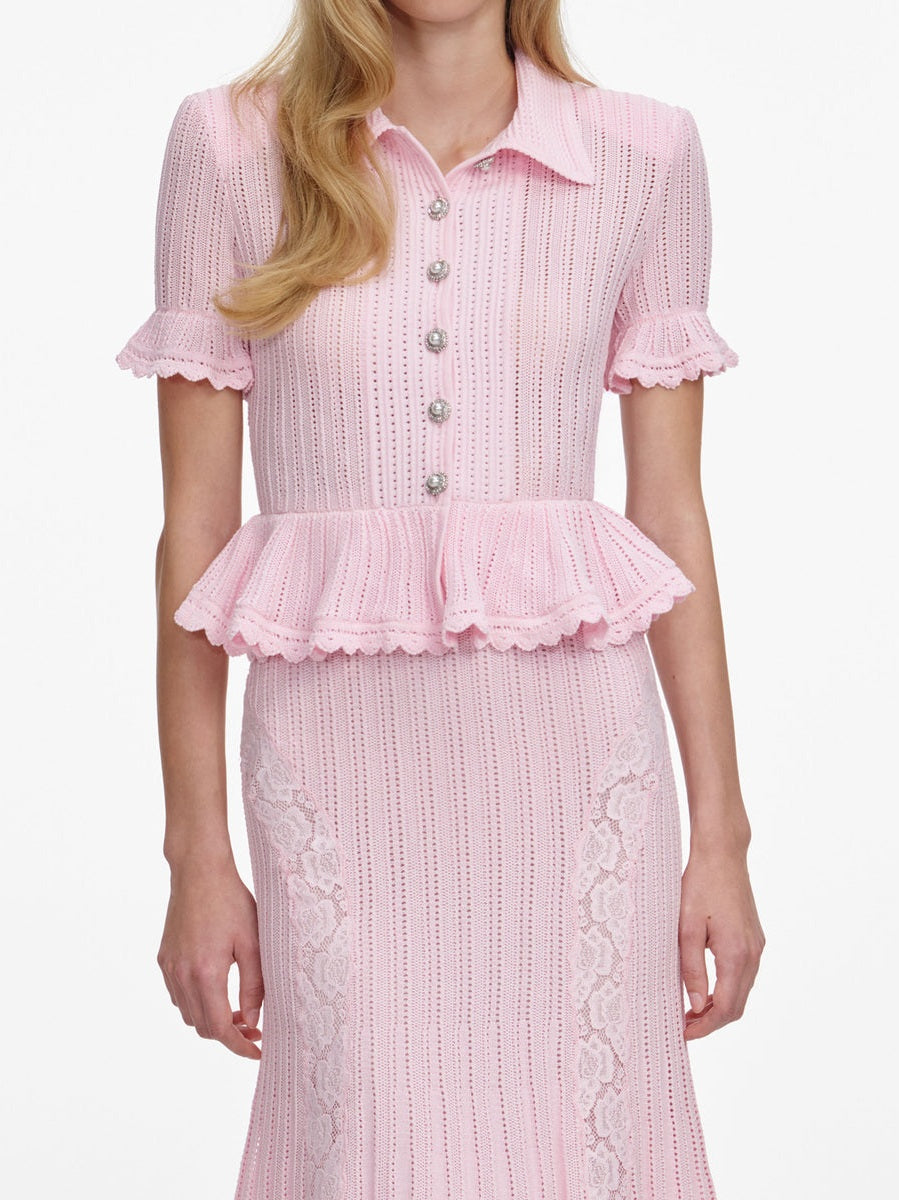 Pink pointelle peplum knit midi dress