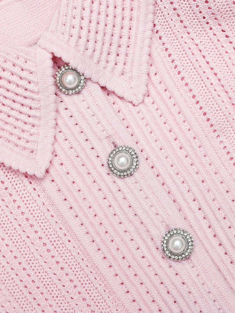 Pink pointelle peplum knit midi dress