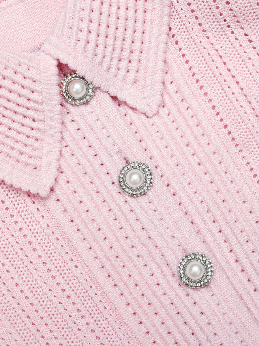 Pink pointelle peplum knit midi dress