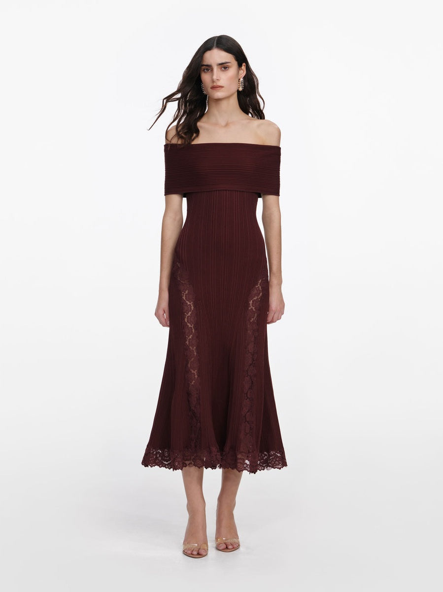 Burgundy knit lace insert midi dress