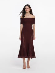 Burgundy knit lace insert midi dress