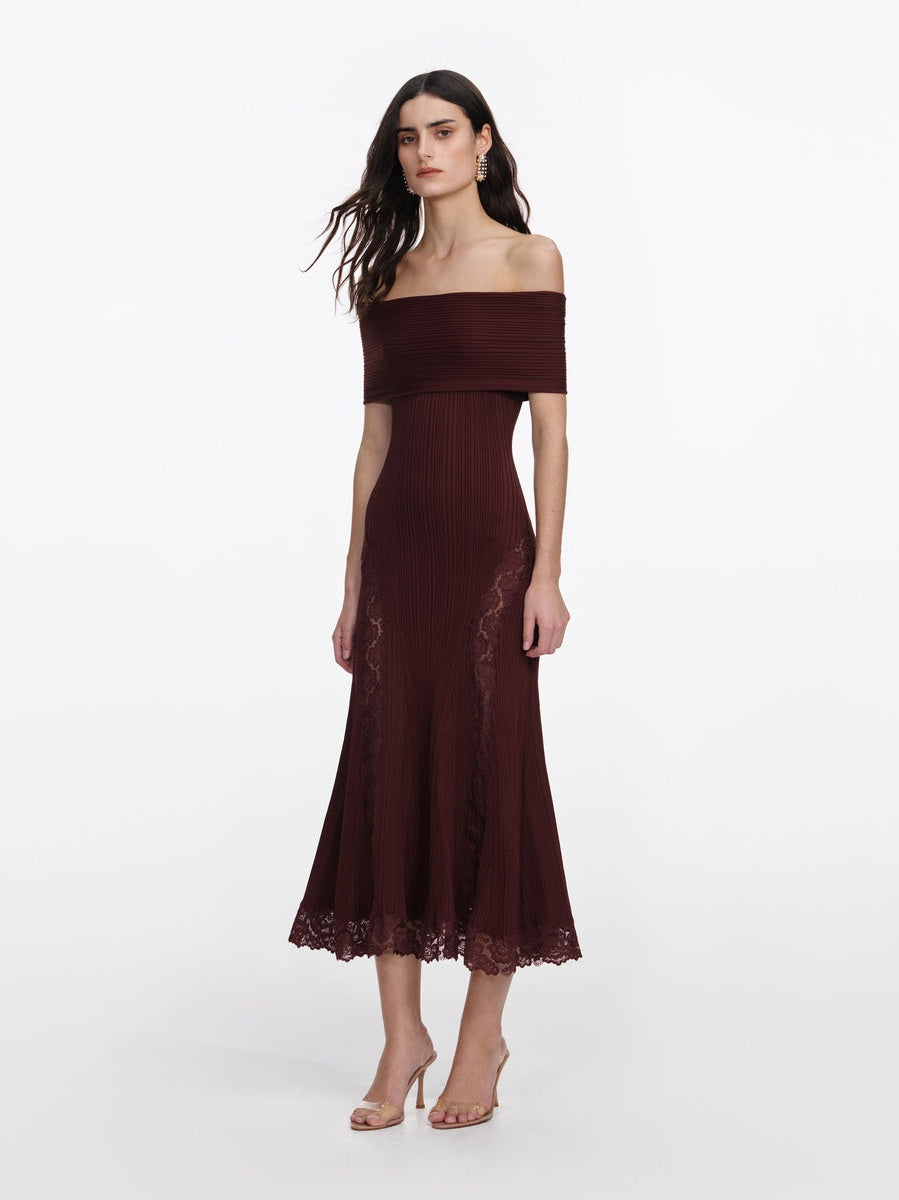 Burgundy knit lace insert midi dress