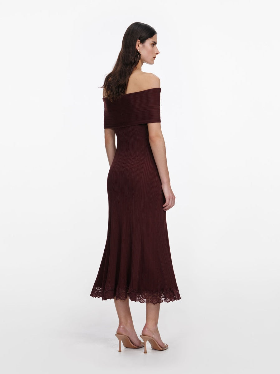 Burgundy knit lace insert midi dress