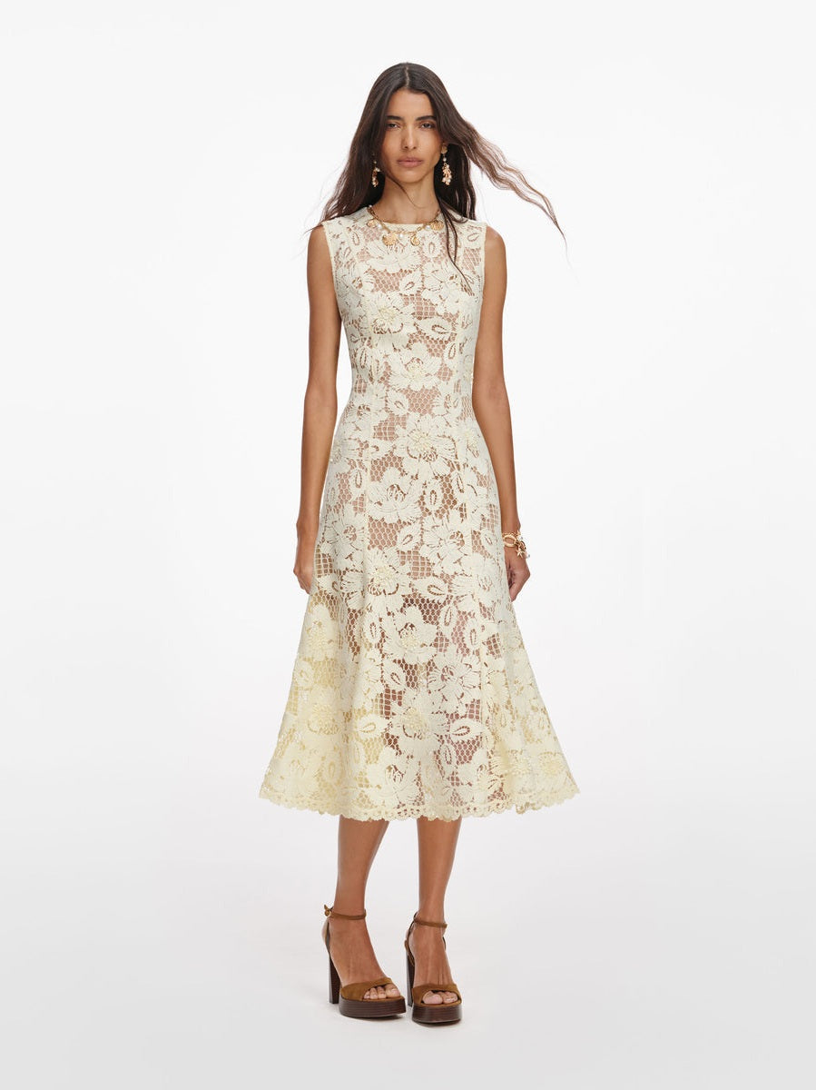 Yellow crochet lace midi dress