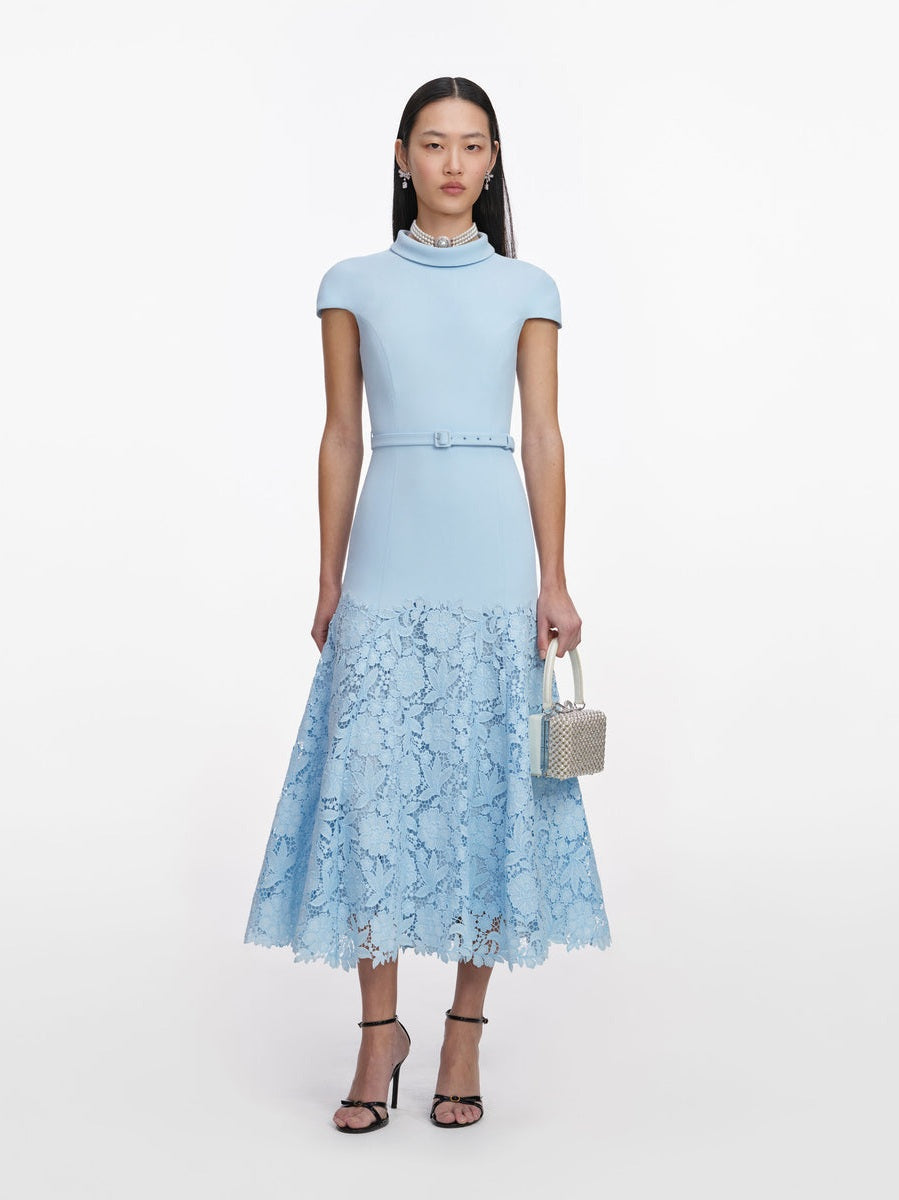 Blue crepe lace midi dress