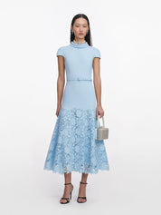 Blue crepe lace midi dress