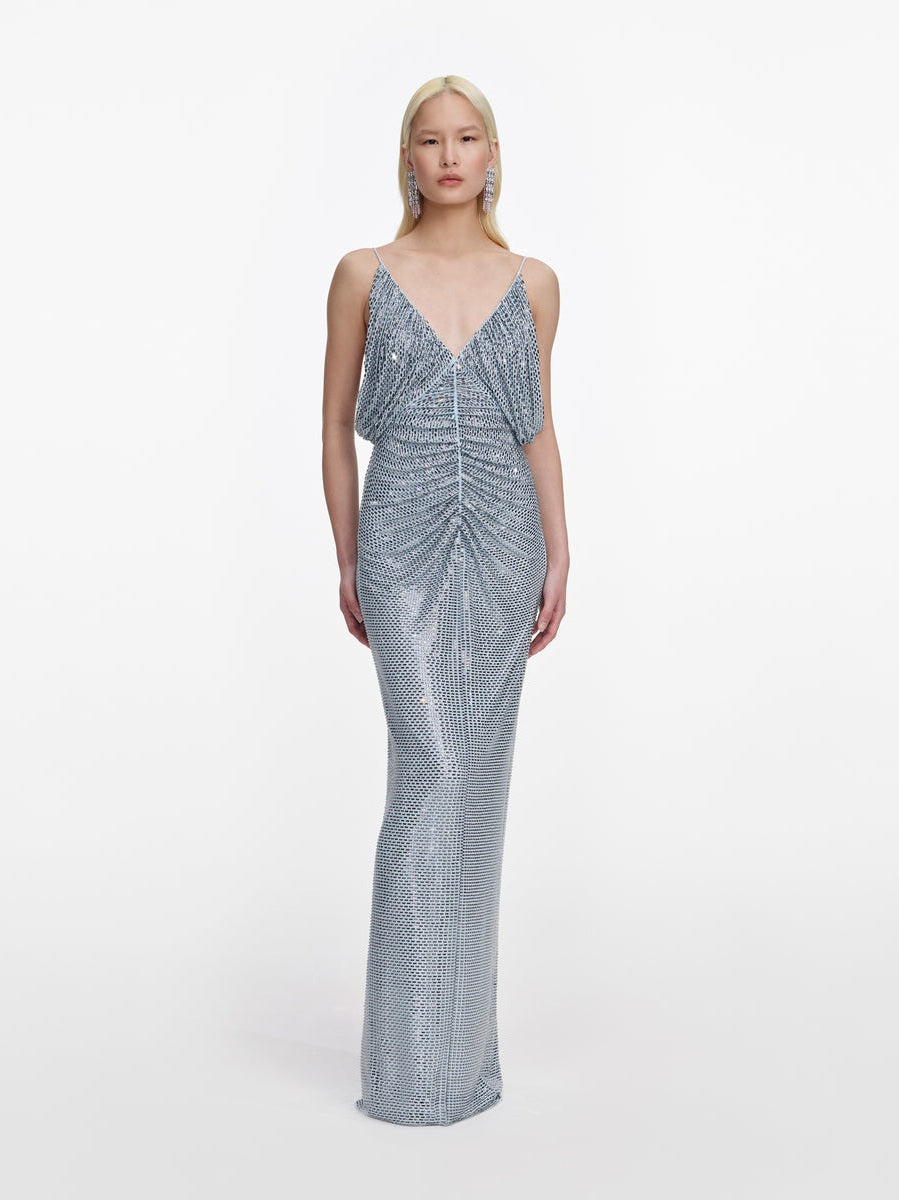 Blue rhinestone mesh maxi dress