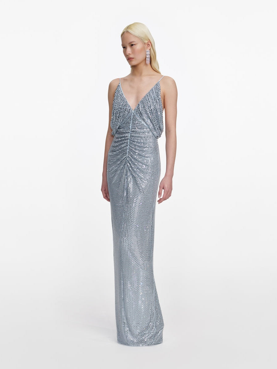 Blue rhinestone mesh maxi dress