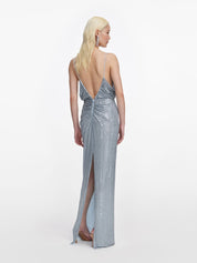 Blue rhinestone mesh maxi dress