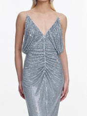Blue rhinestone mesh maxi dress