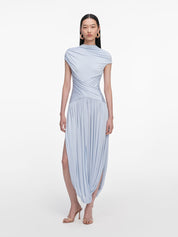 Blue jersey gathered midi dress