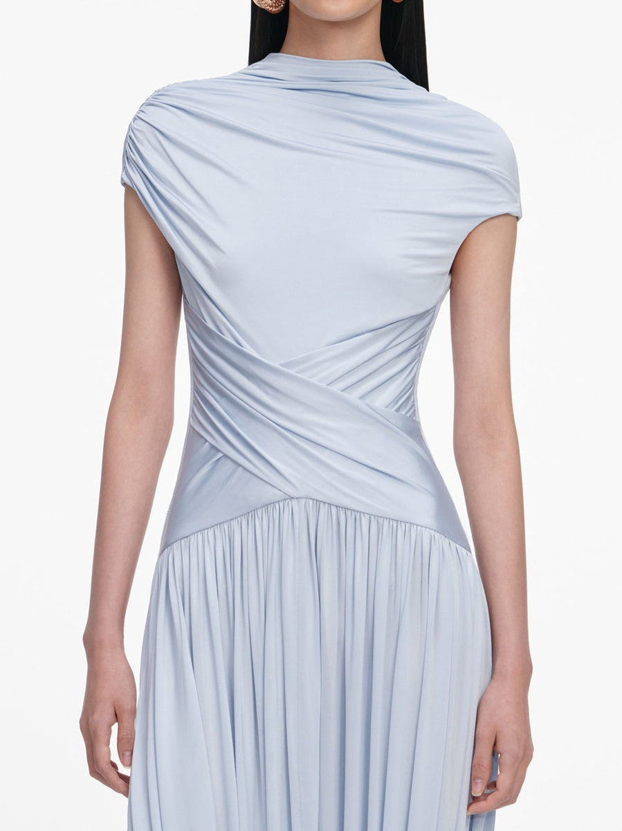 Blue jersey gathered midi dress