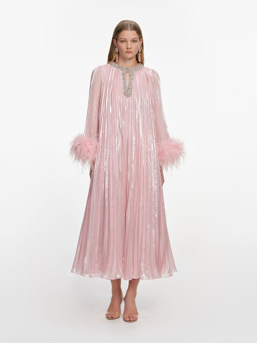 Pink metallic chiffon feather midi dress