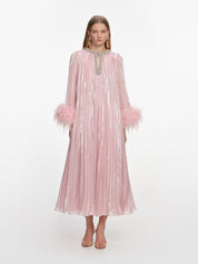 Pink metallic chiffon feather midi dress