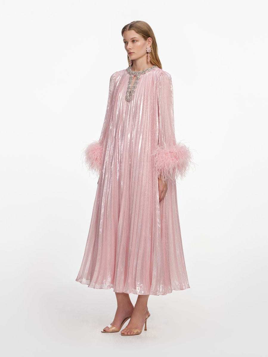 Pink metallic chiffon feather midi dress