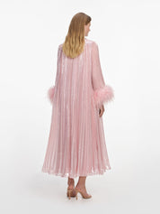 Pink metallic chiffon feather midi dress