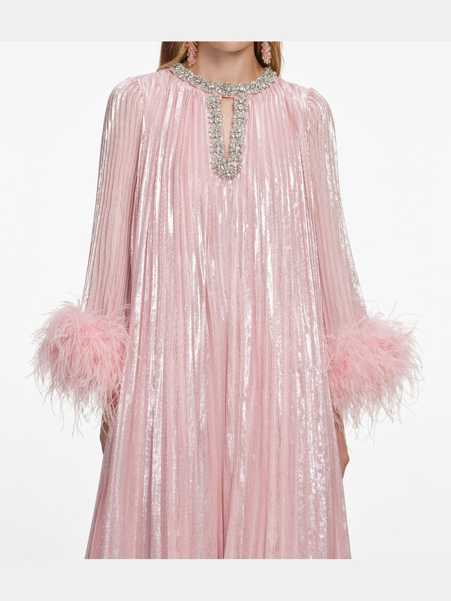 Pink metallic chiffon feather midi dress