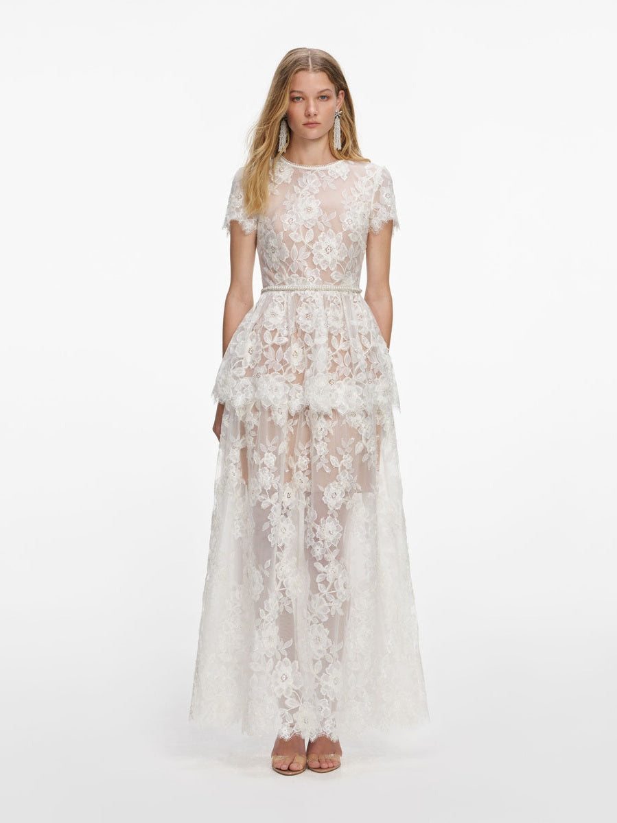 White sequin lace tiered maxi dress