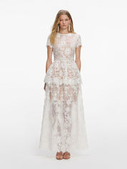 White sequin lace tiered maxi dress