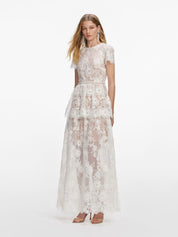 White sequin lace tiered maxi dress