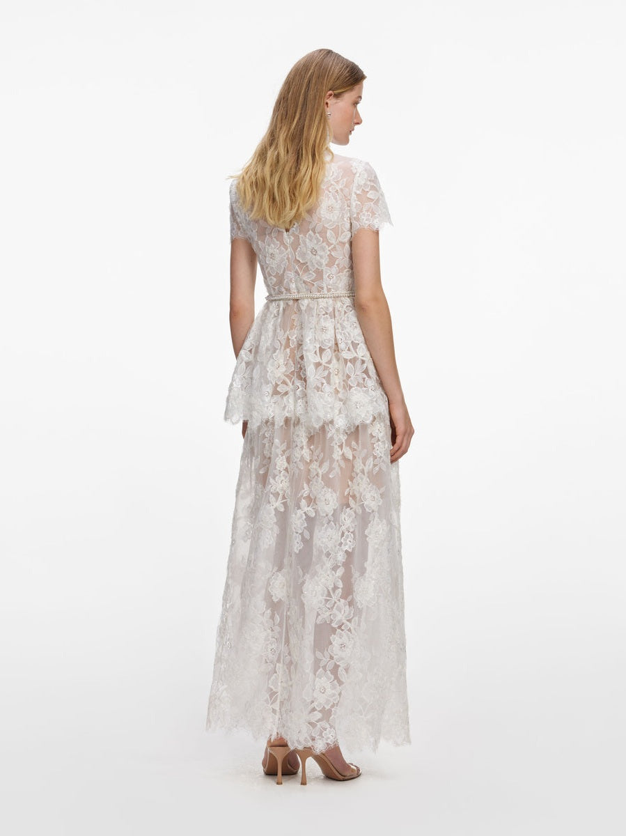White sequin lace tiered maxi dress
