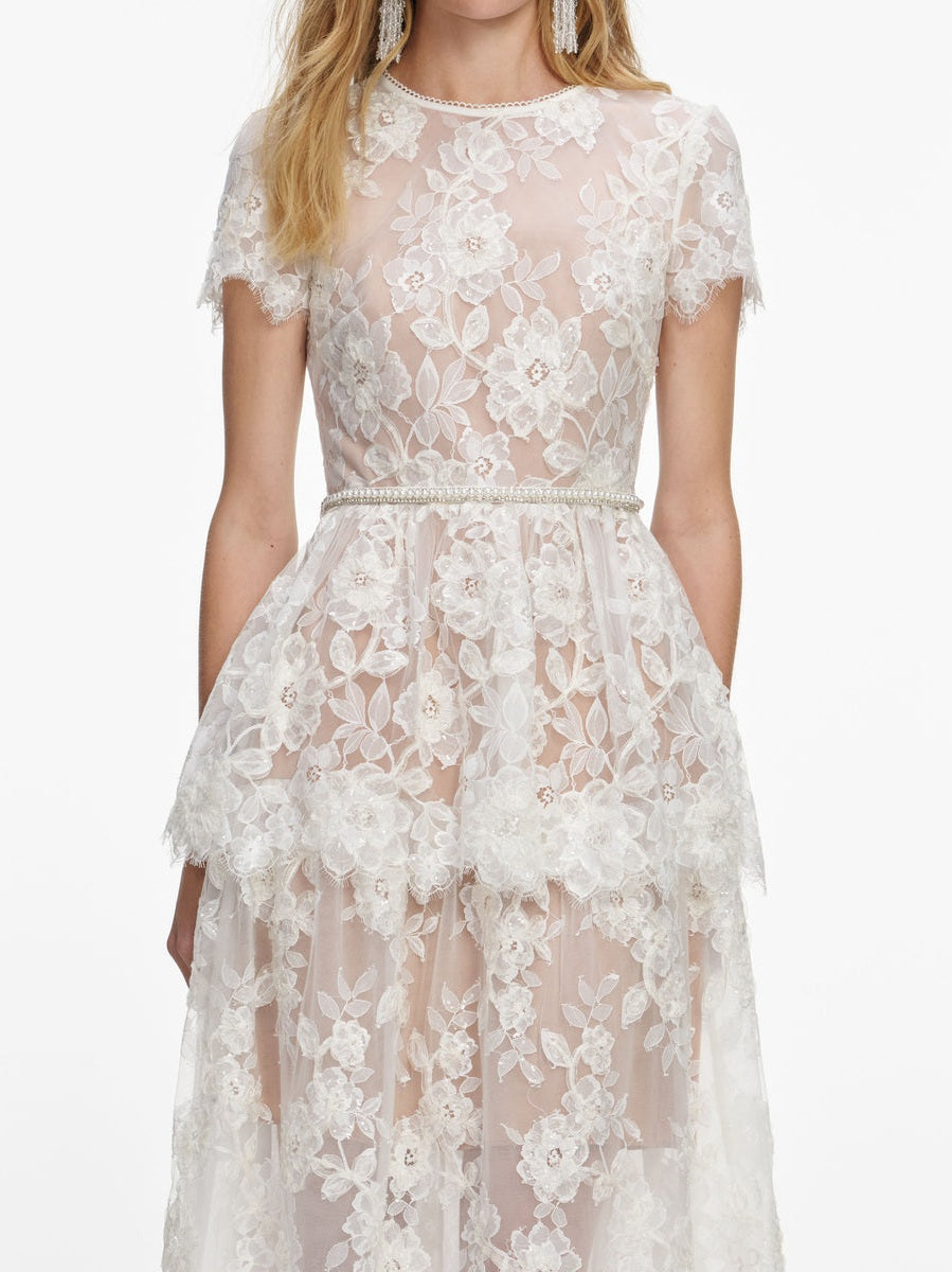 White sequin lace tiered maxi dress