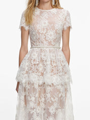 White sequin lace tiered maxi dress